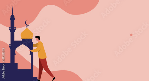 Man interacting with a mosque, symbolizing community, worship, or Islamic holiday preparations like Ramadan or Eid. Ideal for cultural and religious themes.