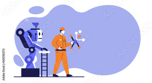 Engineer in a hard hat collaborating with a robotic arm, demonstrating advanced automation and innovation in a modern industrial setting. Ideal for technology, manufacturing, and AI concepts.