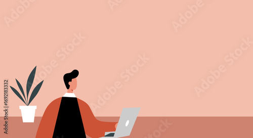 Illustration of a focused man working remotely on his laptop in a minimalist home office with a plant. Ideal for themes of productivity, online business, and quiet concentration.