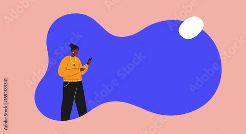 Stylish Black woman using a smartphone for communication or social media on a vibrant abstract background, illustrating modern digital connectivity and lifestyle.