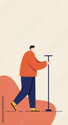 Minimalist illustration of a person walking confidently with a stick, symbolizing support, independence, and an active lifestyle. Ideal for health, wellness, and travel concepts.
