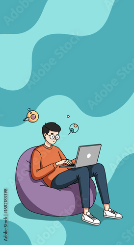 Casual young man in glasses working remotely on a laptop, comfortably seated on a bean bag. Ideal for tech, freelance, and online education concepts.
