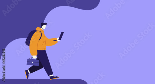 Freelancer or student on the move, carrying a laptop, backpack, and briefcase. Concept of remote work, mobile business, or active lifestyle.