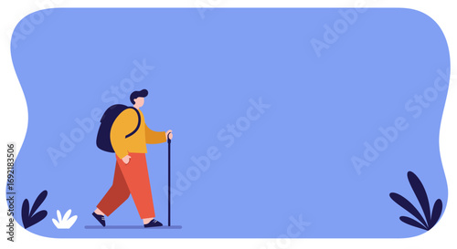 Adventurous person with a backpack and walking stick, illustrating travel, exploration, and outdoor hobbies. Perfect for lifestyle, journey, or healthy activity concepts.
