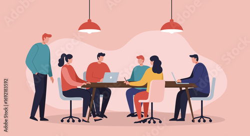 Diverse business team collaborating in a modern office meeting, discussing projects with laptops. Represents teamwork, productivity, and professional communication in a corporate setting.