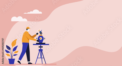 An engineer meticulously works on a complex mechanism, symbolizing innovation, precision, and technological development. Ideal for business, science, and education.