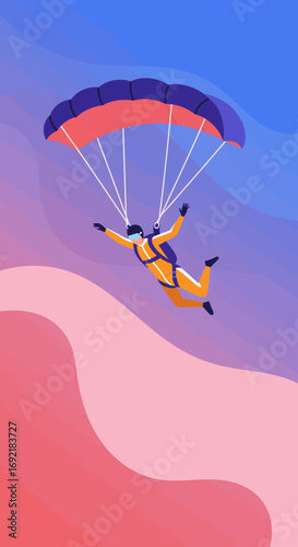 Adventurous skydiver soaring through a vibrant, abstract gradient sky with a colorful parachute. Symbolizes extreme sports, freedom, and thrilling achievement.