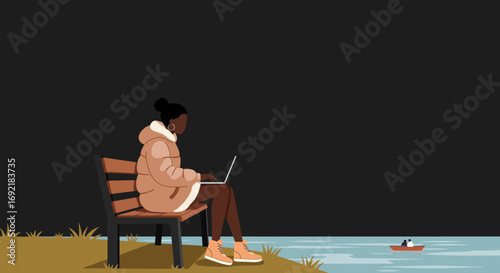 Focused woman using a laptop on a park bench by a serene lake, symbolizing remote work, digital freedom, and combining productivity with nature.