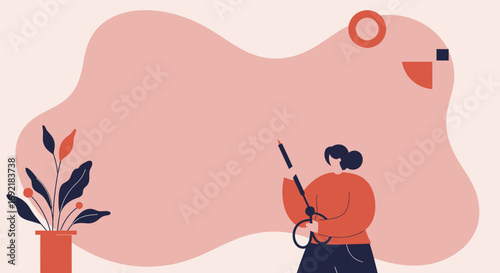 Illustration of a person watering a potted plant, symbolizing care, growth, and nurturing in a minimalist home setting. Ideal for lifestyle, business, or environmental themes.
