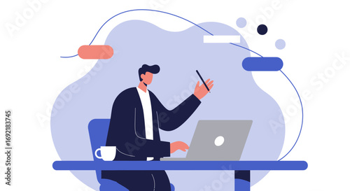 Professional man working diligently on a laptop at a desk, holding a pen. Represents business, online communication, digital tasks, and remote work efficiency.