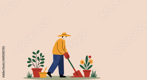 Person in hat and gloves digging soil with a shovel near potted plants and flowers, illustrating a gardening hobby and outdoor leisure activity.