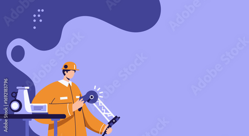 Technician in hard hat using a specialized measuring device for inspection or quality control in an industrial setting. Concept of precision and innovation.
