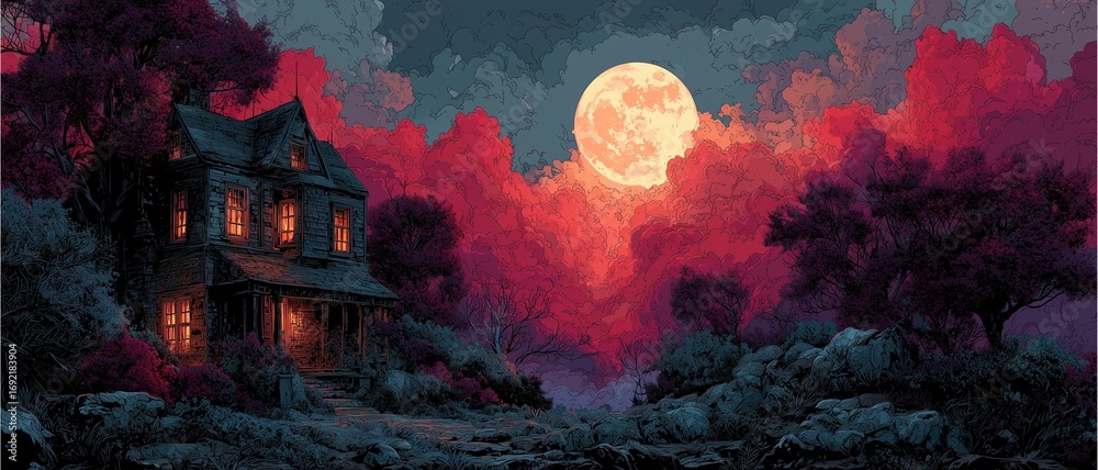 Fototapeta premium haunted house spooky full moon night forest halloween illustration