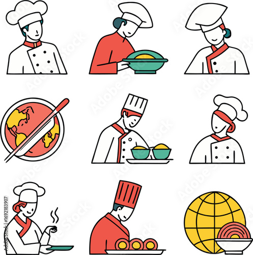 Diverse chefs preparing and serving delicious food, showcasing culinary artistry and global cuisine