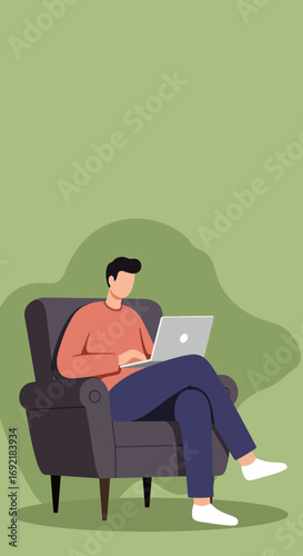 Man working on laptop from a comfortable armchair at home, representing remote work, online learning, or digital lifestyle.