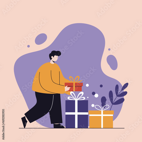 A person arranges colorful gift boxes, symbolizing celebration, generosity, and special occasions. Perfect for holiday sales, birthdays, and surprise promotions.
