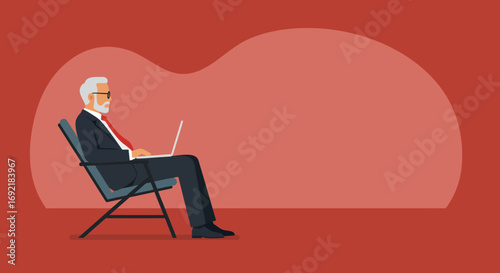 Senior businessman working remotely on a laptop in a relaxed setting. Ideal for themes of professional flexibility, digital communication, and modern work-life balance.
