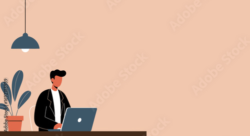 Professional man focused on his laptop in a minimalist home office setting. Ideal for themes of remote work, online business, productivity, and digital communication.