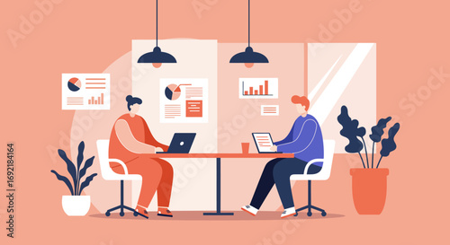 Two business professionals work on laptops in a modern office, analyzing data and collaborating. Ideal for themes of teamwork, digital transformation, and corporate productivity.