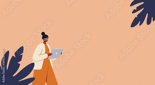 Modern woman using a tablet, embodying remote work, digital communication, and lifestyle. Ideal for business, technology, or creative concepts.