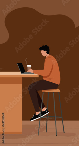 A person works diligently on a laptop at a cafe bar, enjoying a hot drink. Ideal for depicting remote work, study, or digital nomad lifestyle.