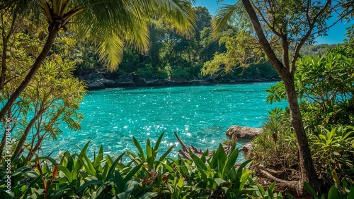 Magical landscape with turquoise ocean water and palm trees