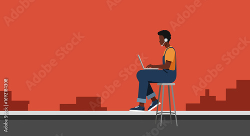 Person wearing a headset and using a laptop while sitting on a stool. Represents remote work, online communication, customer support, or digital learning.