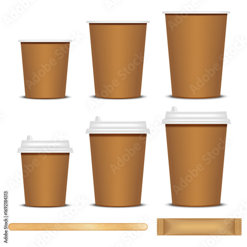 Blank brown paper coffee cups with lids, wooden stirrer, sugar packet realistic vector 3d mockup set isolated on white background, models eco product branding, packaging design, takeaway promotion.