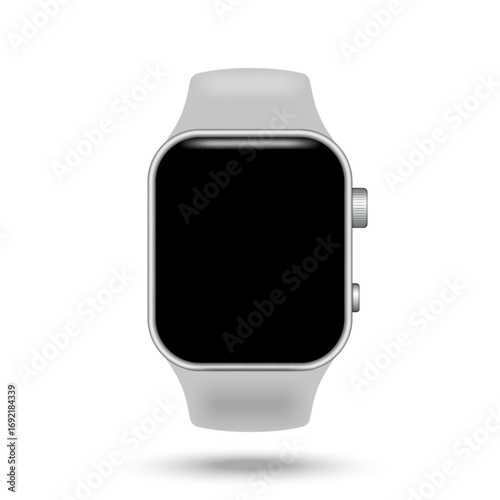 Smart watch with blank black rectangle touchscreen display and gray strap realistic 3d vector mockup isolated on white background front view, for technology branding device model, gadget design.