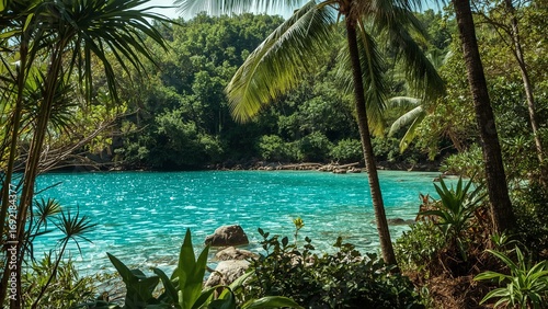 Magical landscape with turquoise ocean water and palm trees