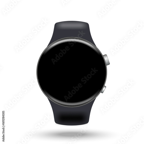 Round smart watch 3d blank mockup with black empty touchscreen and black strap realistic vector model isolated on white background front view, product design presentation.
