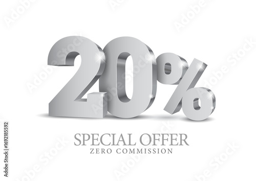 20 percent number in grey color. Twenty number in silver 3d. Poster template for discount, fifty percent sale discount, work progress. Vector illustration