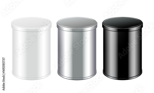 White, silver and black cans with lids. Packing for coffee or loose products. Template For Mock up Your Design. vector illustration.