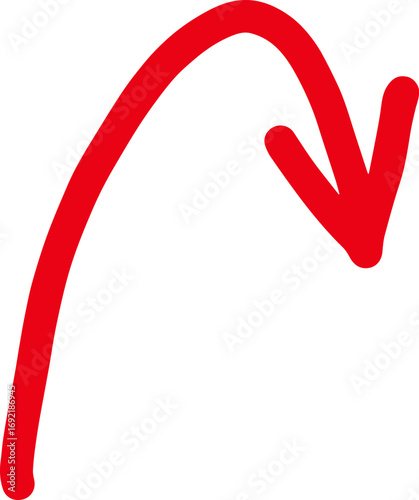 Vibrant red hand drawn curved downward pointing arrow symbol for direction and attention vector