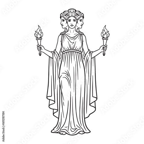 Witch Goddess Hecate Lineart – Hecate Vector Illustration with Symbolic Moon Style – Hecate Drawing – Line Art Drawing of Hecate – Hecate Icon
