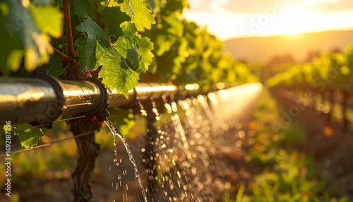 Drip irrigation tubes delivering water to grapevines in a sunny vineyard 