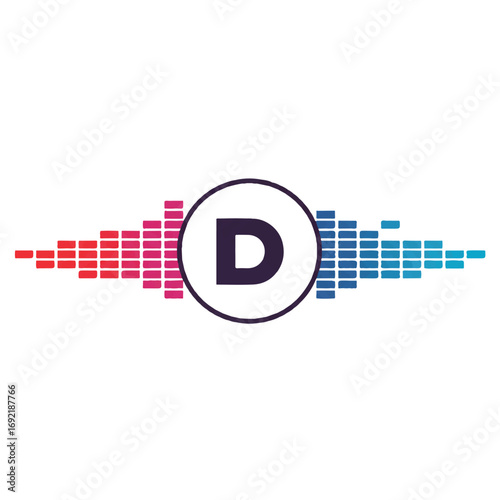 A vibrant 2D flat vector illustration featuring a modern DJ logo against a clean, plain white background with dynamic abstract equalizer bars visually representing sound and rhythm.