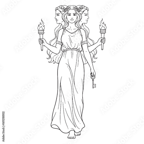 Mystic Goddess Hecate Lineart – Hecate Vector Illustration with Witchcraft Elements – Hecate Drawing – Line Art Drawing of Hecate – Hecate Icon