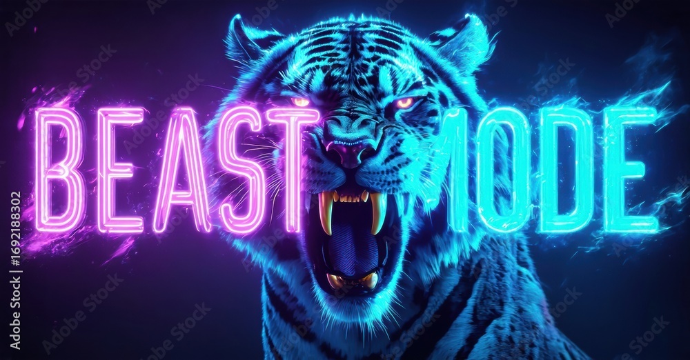 Obraz premium Neon tiger head, glowing eyes, fierce expression. Text reads Beast Mode in vibrant colors. Dramatic lighting, dark background.