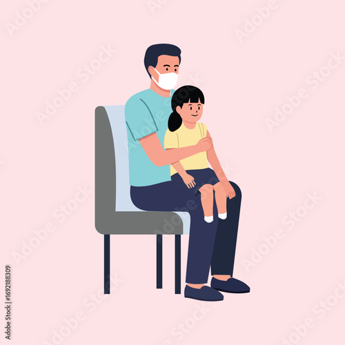 Illustration of a father wearing a mask sitting on a chair while holding his daughter, depicting family affection and concern for health.