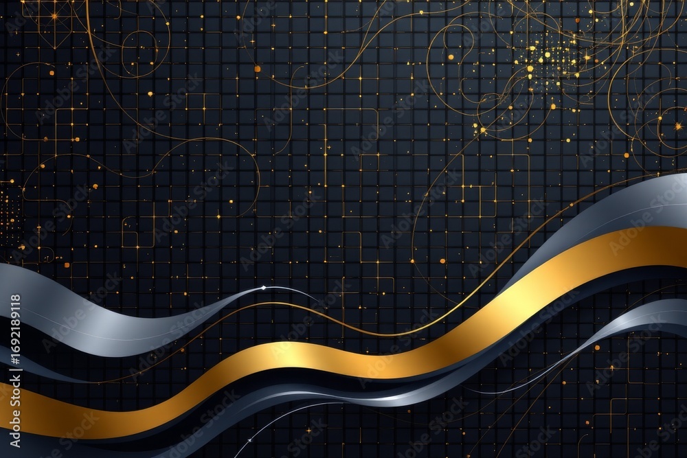 Fototapeta premium The image features an abstract background with a dark grid pattern overlaid with tiny golden dots and delicate swirling lines, creating a sense of depth and motion