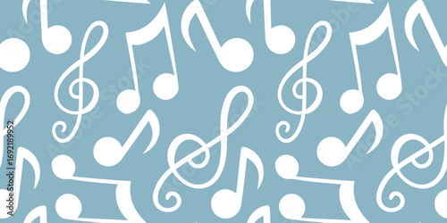 Seamless music pattern with white notes and treble clefs on blue background. Decorative vector design for art, wallpaper, and creative projects. Musical symbol illustration backdrop.