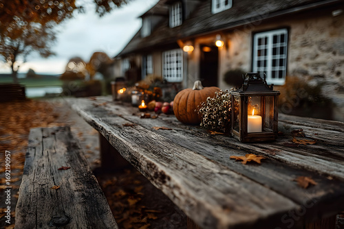 Rustic Autumn Table Setting with Pumpkin and Candle Lantern for Cozy Fall Ambiance