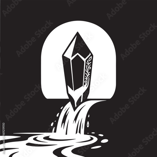 Black and white graphic of a faceted crystal acting as a fount, pouring liquid from an archway into a rippling stream, symbolizing a potent and hidden source