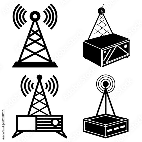 Illustration showing four different communication towers and radio transmitter devices in black and white style