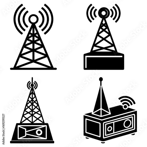 Illustration of four communication towers with antennas emitting radio waves in black and white style