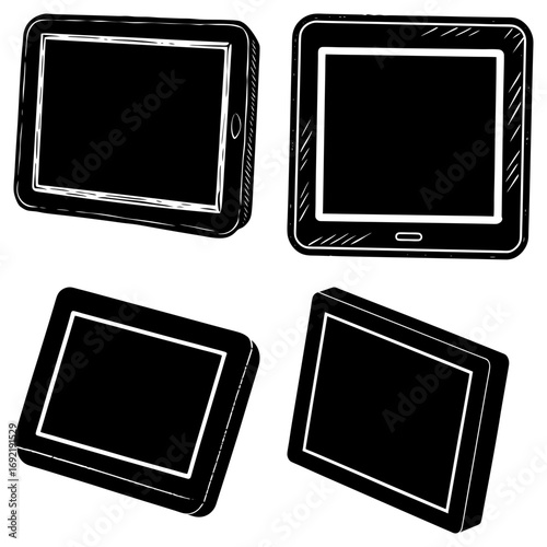 Four black and white sketch style tablets with blank screens in different perspectives and orientations
