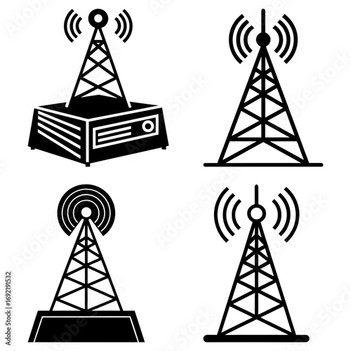 Four communication towers in black and white with signal waves emanating from the top of each tower