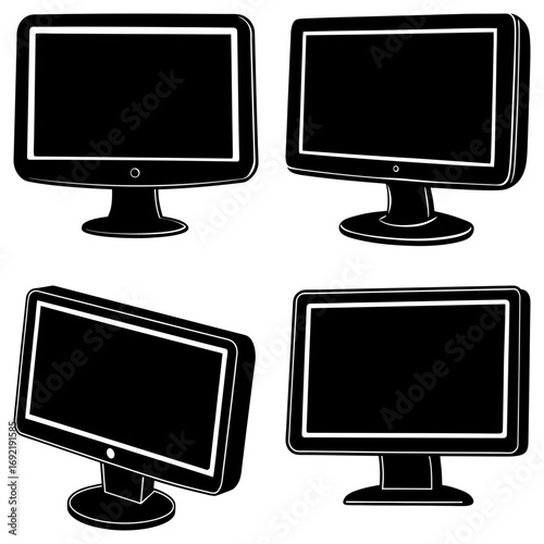 Illustration showing four black and white computer monitors in various positions and orientations on a white background