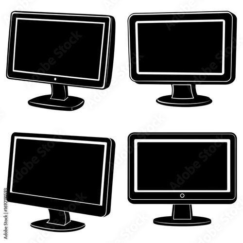 Illustration of four black computer monitors with stands in varying perspectives and orientations